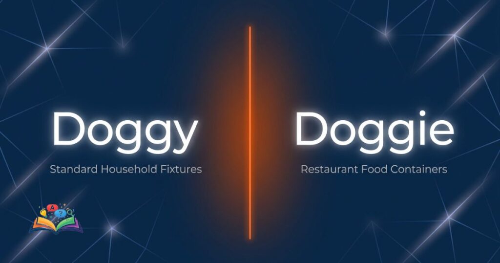 A split-layout comparison graphic showing the contextual usage differences for the spellings doggy and doggie.