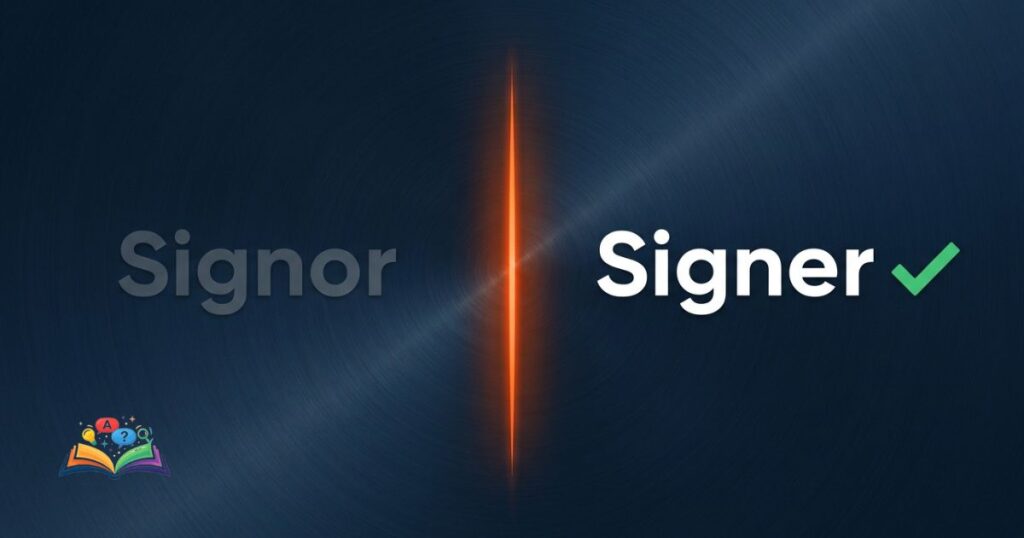 Split layout comparison graphic showing the difference between the correct spelling signer and the incorrect spelling signor.