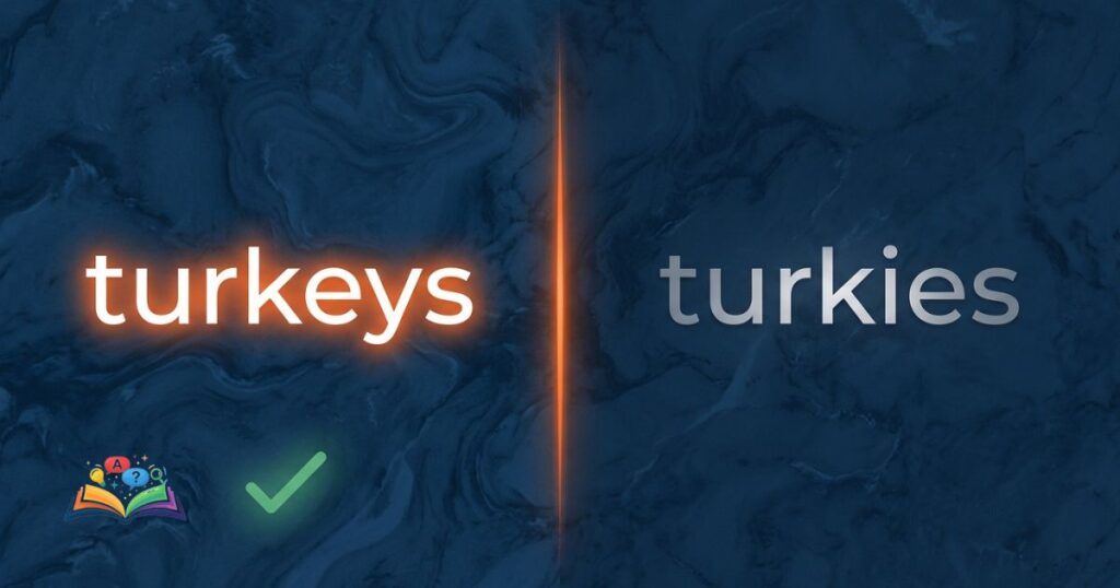 A split layout graphic comparing "turkeys" and "turkies," highlighting the correct spelling.