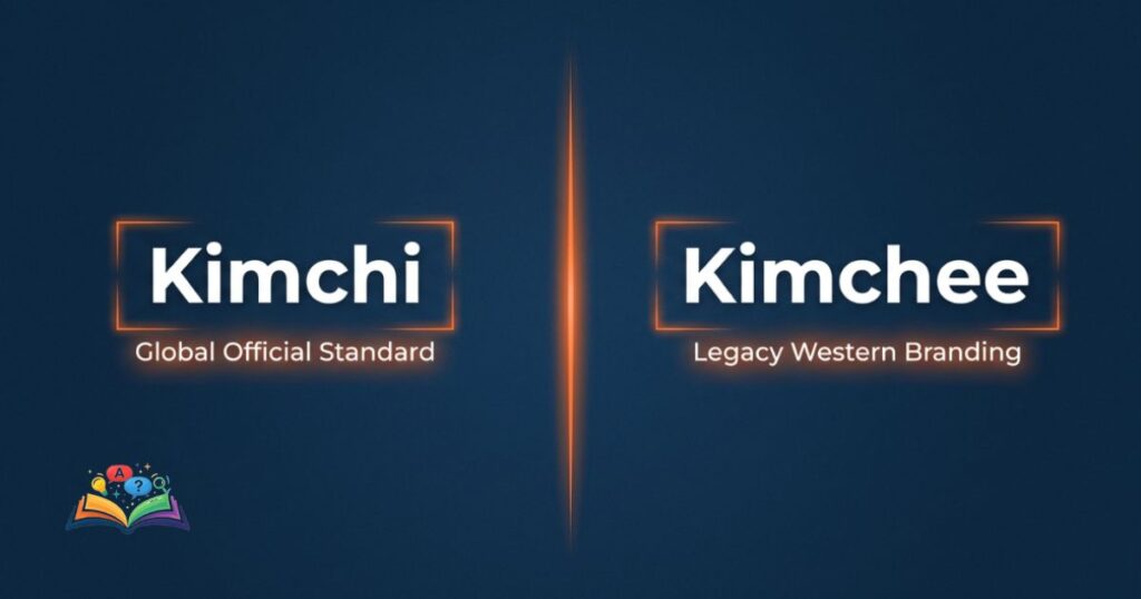 A split-screen comparison layout contrasting the official spelling Kimchi with the older regional variant Kimchee.