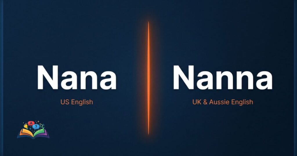 A split-screen comparison layout showcasing Nana as the US English spelling and Nanna as the UK English spelling.
