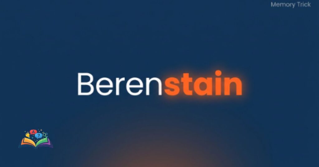 Memory trick graphic on a deep navy background highlighting the word stain inside Berenstain to fix the spelling mistake.