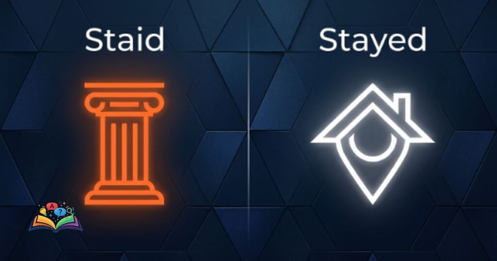 A minimalist split layout visual metaphor showing abstract icons for the adjective staid and the verb stayed.
