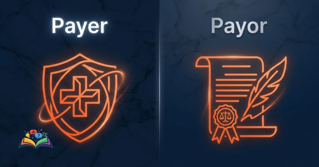 Minimalist visual representation of healthcare payer systems alongside legal payor contract documents