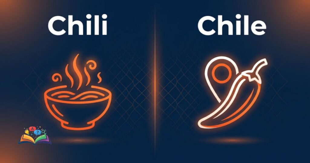 Minimalist icon visualization comparing the stew, pepper, and country meanings of Chili and Chile.