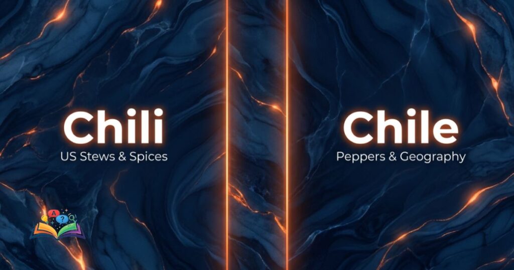 Side-by-side regional and meaning comparison graphic between Chili, Chile, and Chilli.