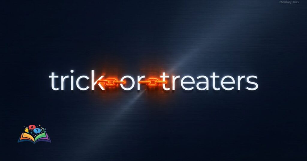 A visual grammar memory trick showing hyphens acting as connective links between the words in trick-or-treaters.