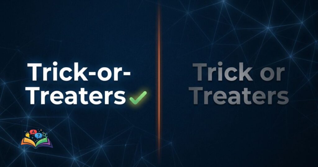 A split-layout grammar comparison showing the correct hyphenated spelling of trick-or-treaters versus the incorrect unhyphenated version.