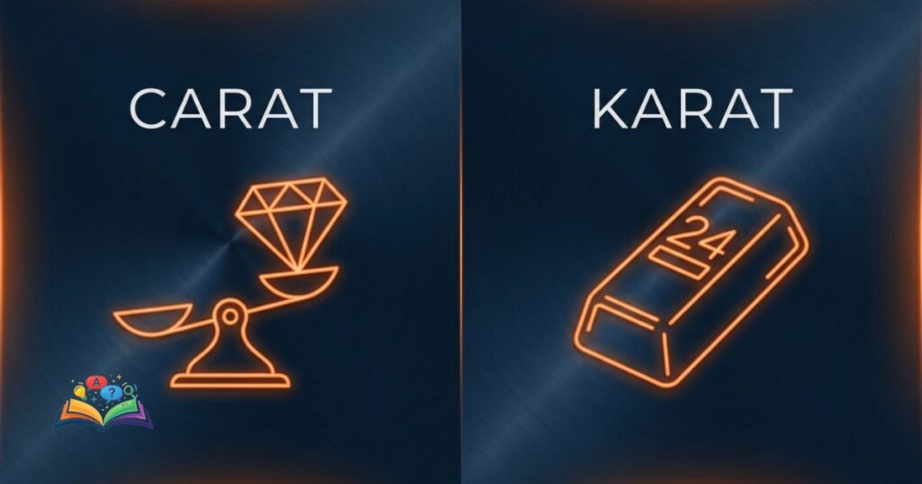 Contextual graphic featuring abstract glowing icons representing diamond weight for carat and gold purity for karat.