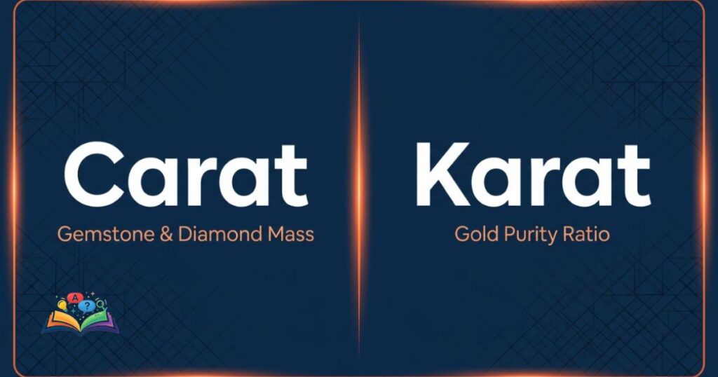 Side by side comparison graphic explaining the distinction between carat for gemstones and karat for gold.