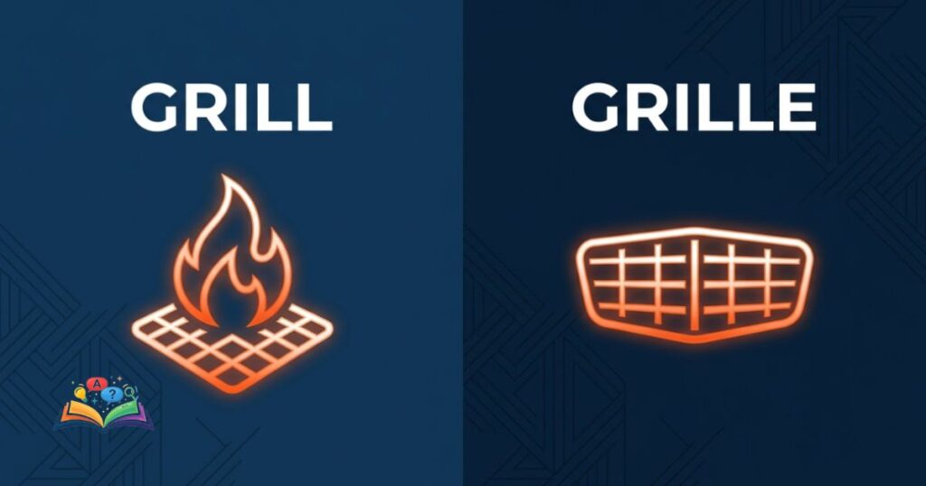 Minimalist visual showing Grill with a flame icon and Grille with a car radiator mesh icon over a dark navy background.