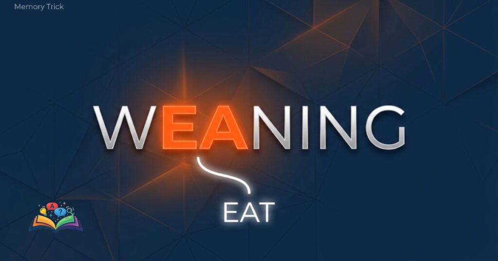 Visual spelling memory trick highlighting the letters E-A in weaning to connect with the word eat.