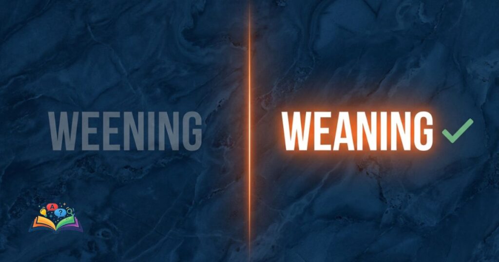 Side-by-side comparison chart showing weaning as the correct spelling and weening as incorrect.