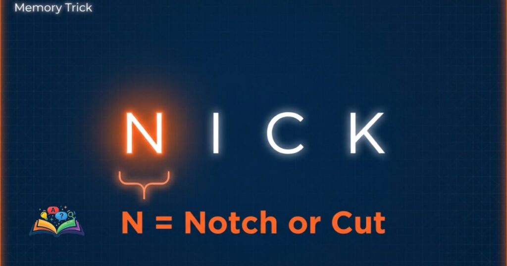 Visual memory trick breaking down the word Nick showing that N stands for Notch or Cut.