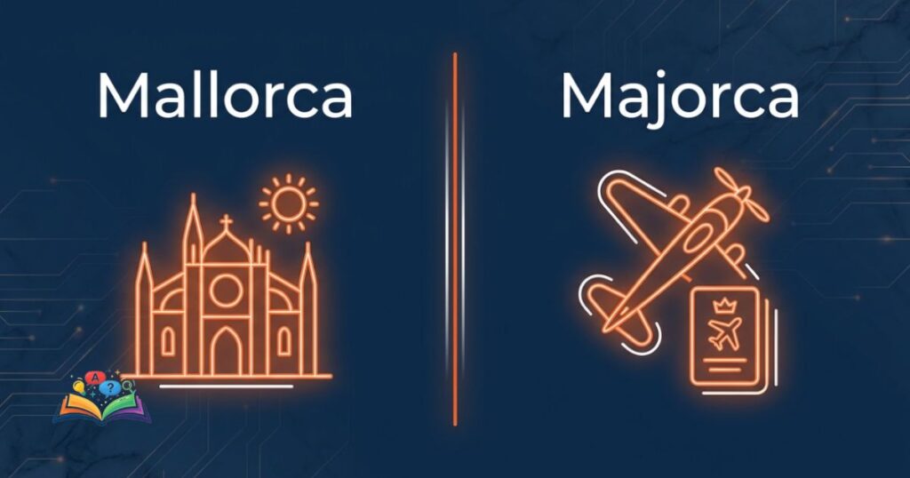 Minimalist visual iconography representing local Spanish culture for Mallorca and British travel heritage for Majorca.