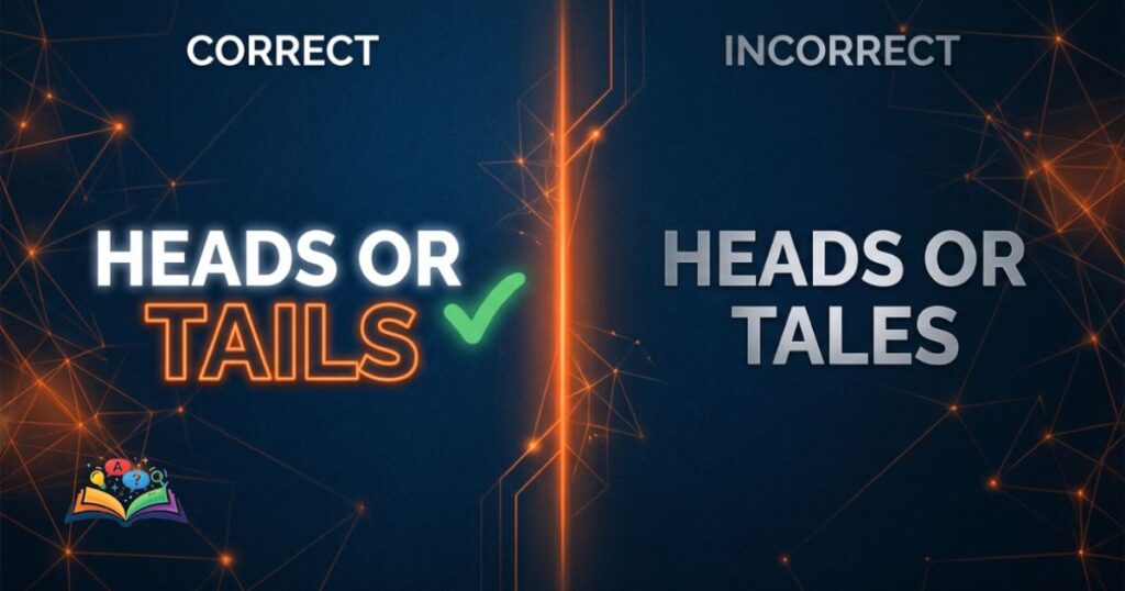 A split layout design visually contrasting the correct "heads or tails" with the incorrect "heads or tales".