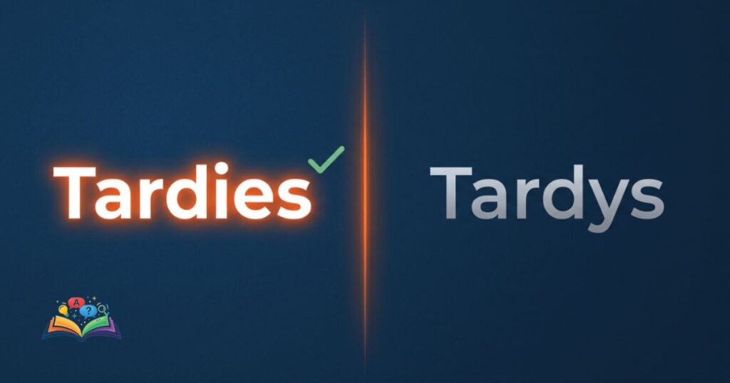 Comparison graphic showing tardies as the correct spelling with a green checkmark and tardys as incorrect
