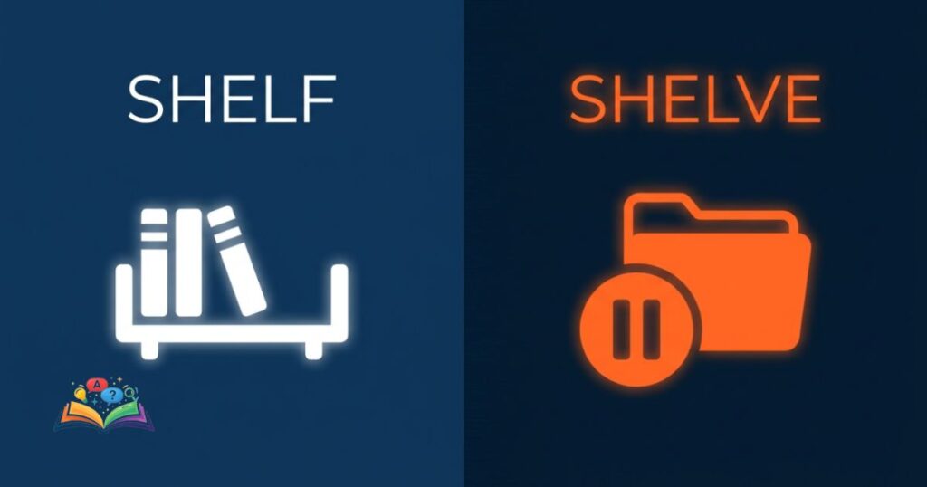 Minimalist infographic contrasting the object of a shelf with the action of shelving a project using glowing icons.