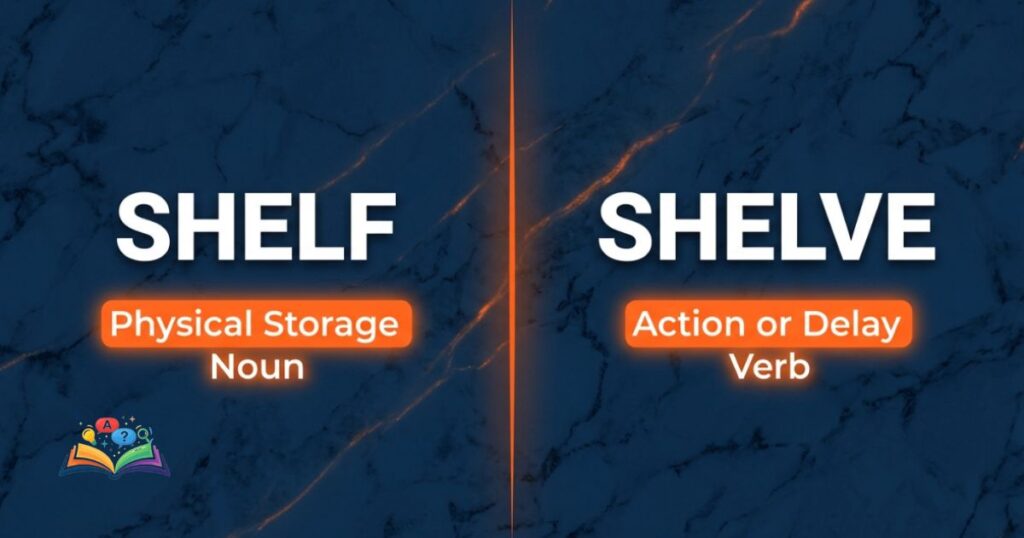 Split screen graphic comparing 'Shelf' as a physical noun and 'Shelve' as an action verb.