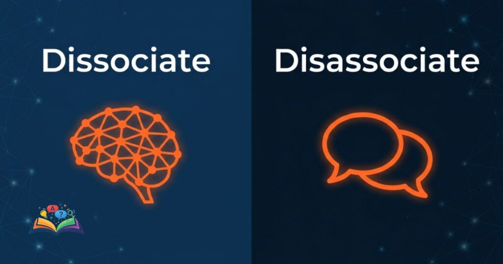 Abstract visual metaphors showing dissociate for psychology and disassociate for casual conversation.