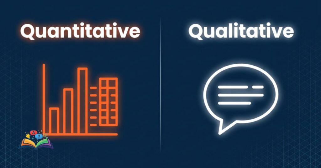 Abstract visual representation comparing quantitative data metrics with qualitative descriptive context using minimalist icons.