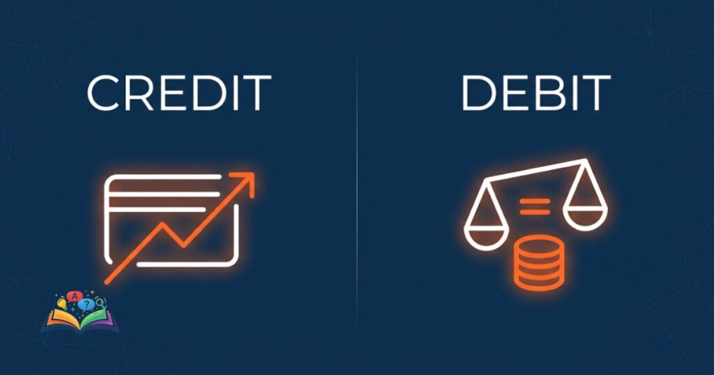 Minimalist glowing icons illustrating credit and debit financial functions