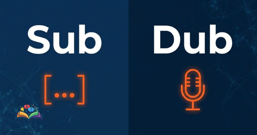 Minimalist icons representing subtitle text brackets for sub and a studio microphone for dub.
