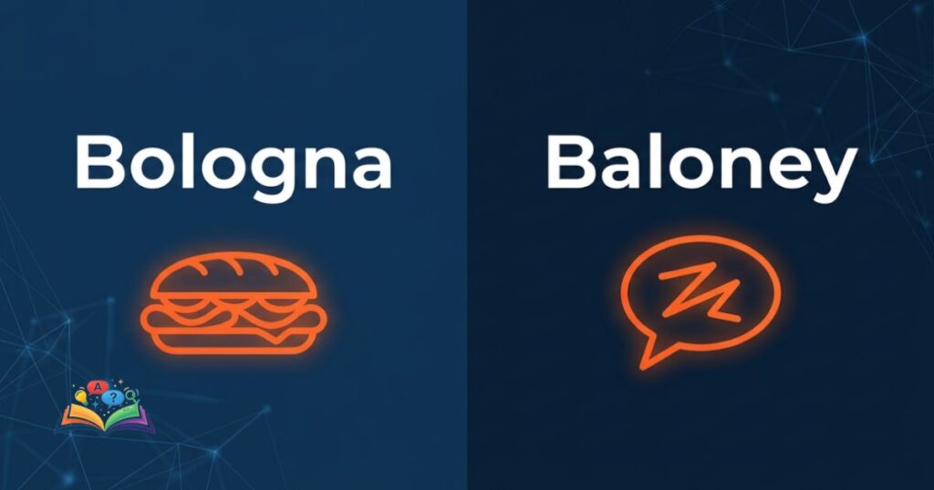 Minimalist glowing icons representing bologna as a sandwich meat and baloney as a symbol for nonsense talk.
