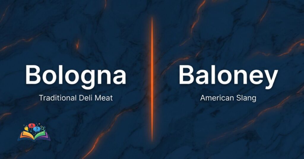 A side-by-side comparison of the words bologna and baloney, showing bologna as traditional deli meat and baloney as American slang.