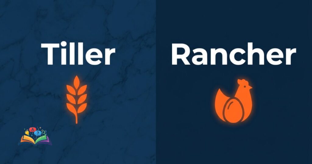 Minimalist icons representing tiller crop harvesting and rancher livestock care