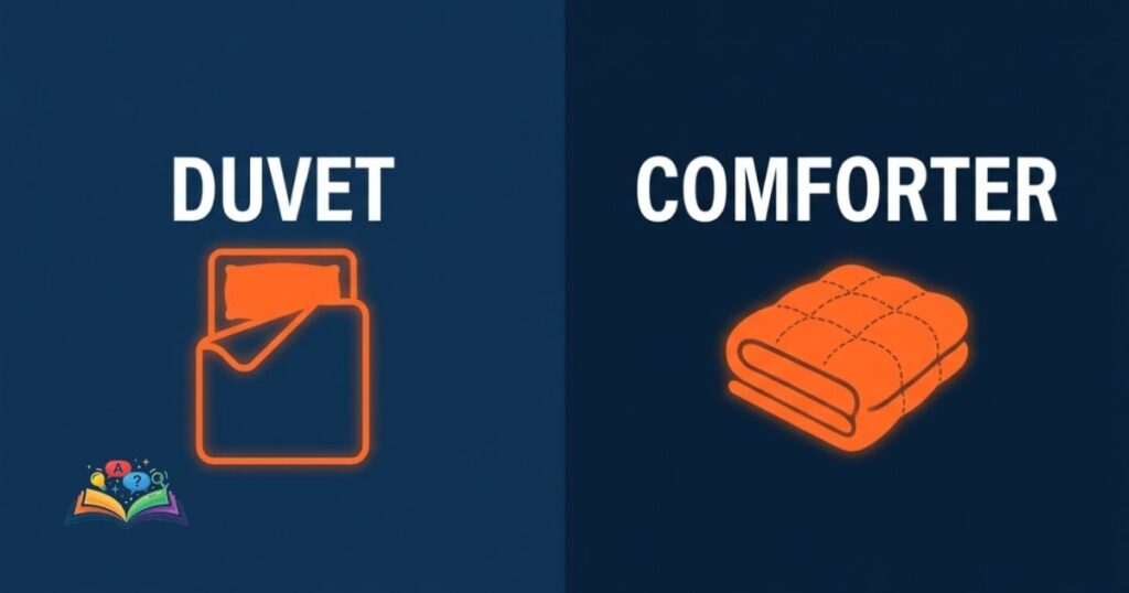 Abstract minimalist icons showing a duvet insert going into a cover versus a single quilted comforter blanket.