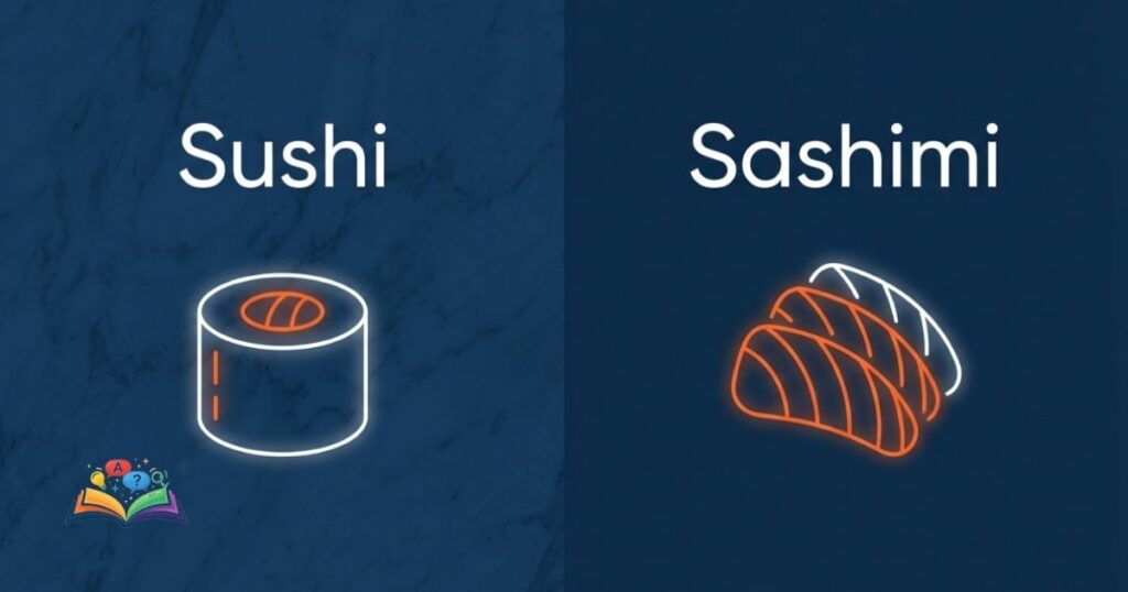 Abstract, minimalist icons representing a sushi roll on one side and sliced sashimi on the other to illustrate the difference.