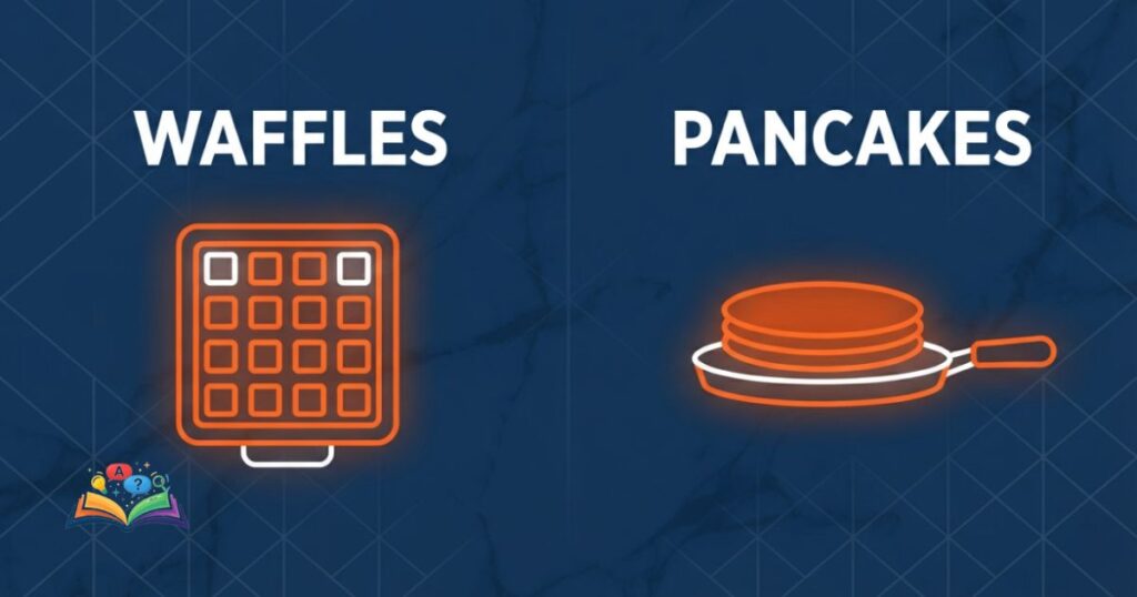 Minimalist glowing icons illustrating a waffle iron grid and a pancake griddle pan under textured navy styling.