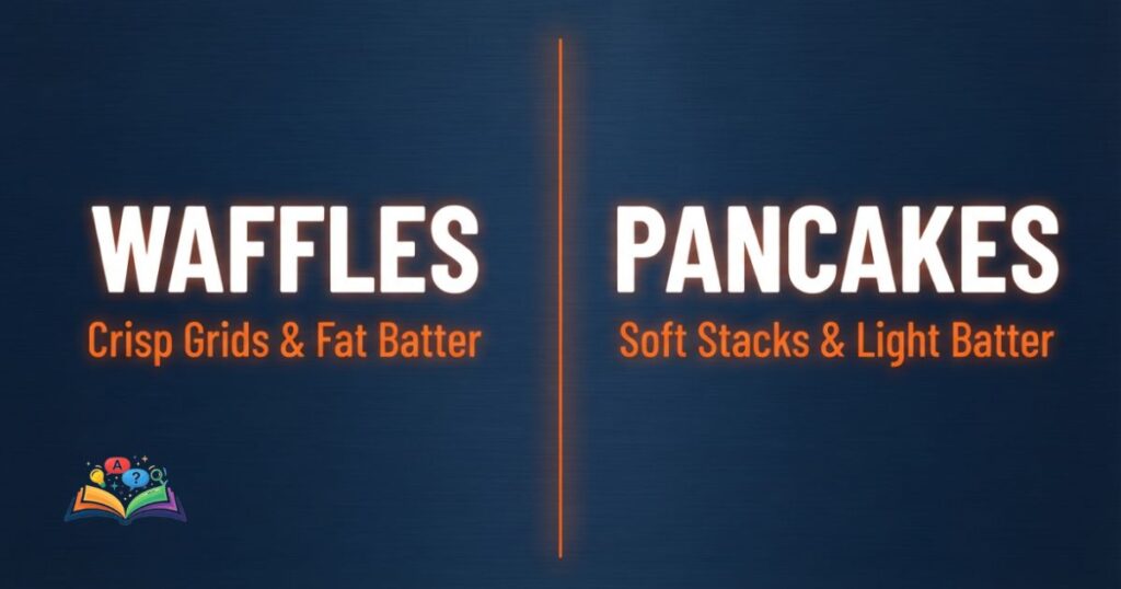 Side-by-side visual breakdown of Waffles versus Pancakes highlighting texture and cooking differences.
