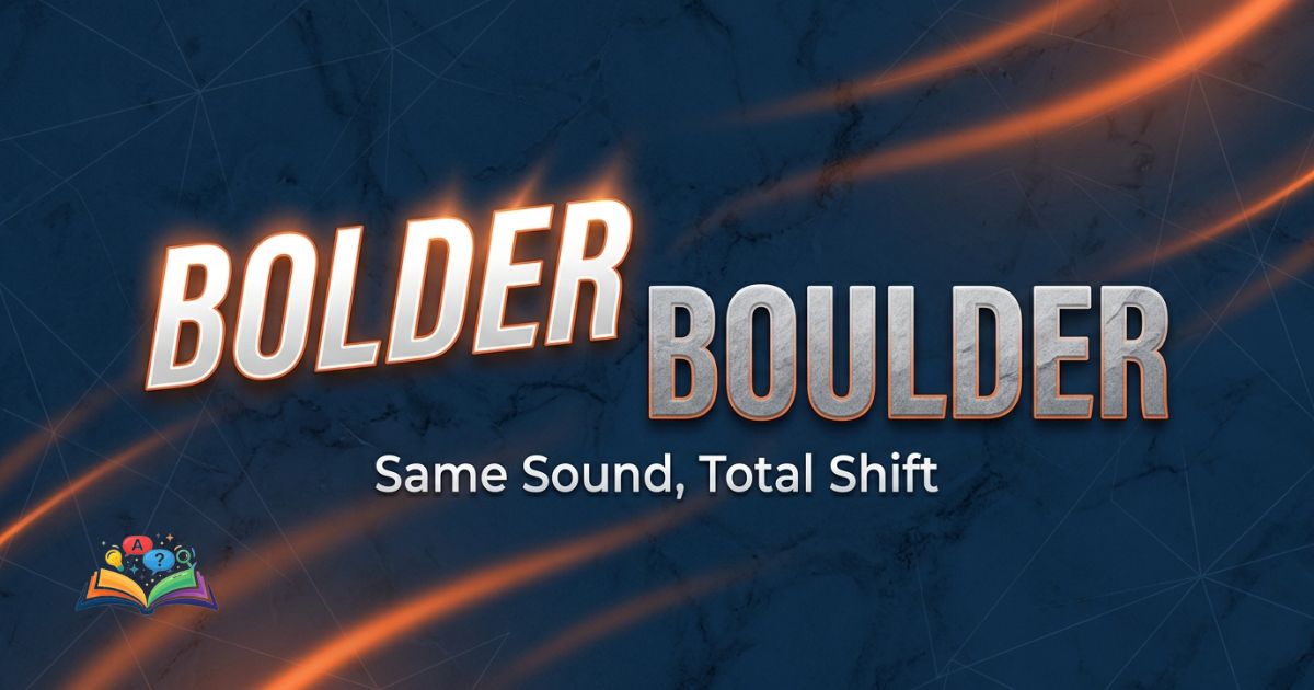 Bolder or boulder confusion explained with clear visual word distinction between bold personality and rock meaning