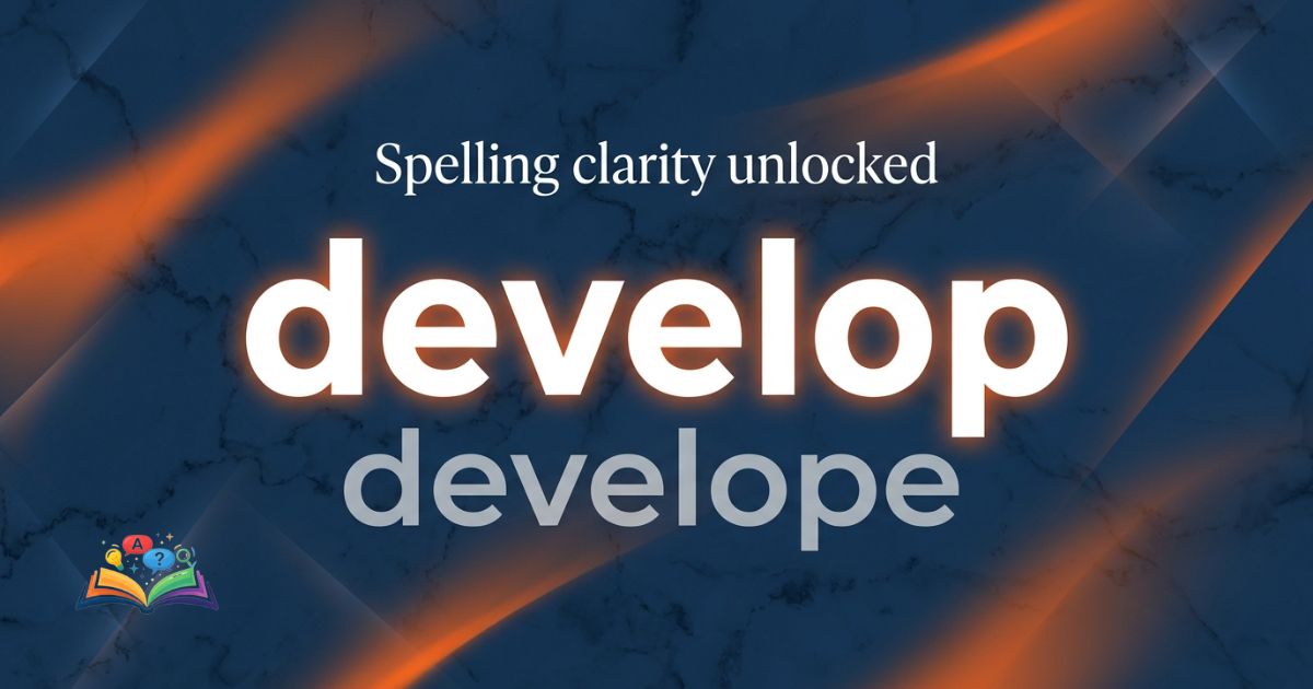 Develop or develope correct spelling comparison showing the correct word develop in a premium typography design