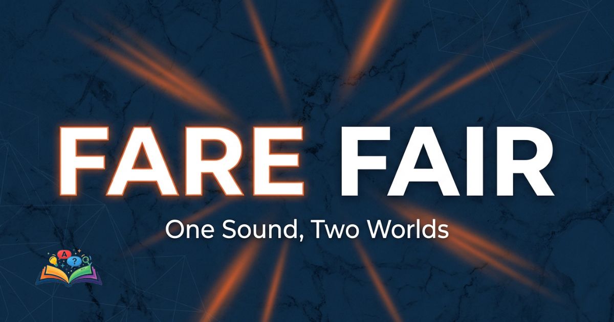 Fare or Fair confusion explained with bold comparison of meanings in a premium visual design
