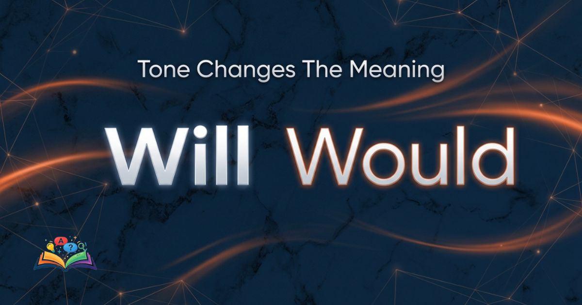 Premium featured image showing will and would comparison in English grammar usage