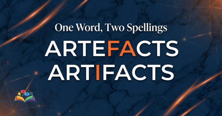 Premium featured image showing artefacts and artifacts spelling comparison with regional English usage.
