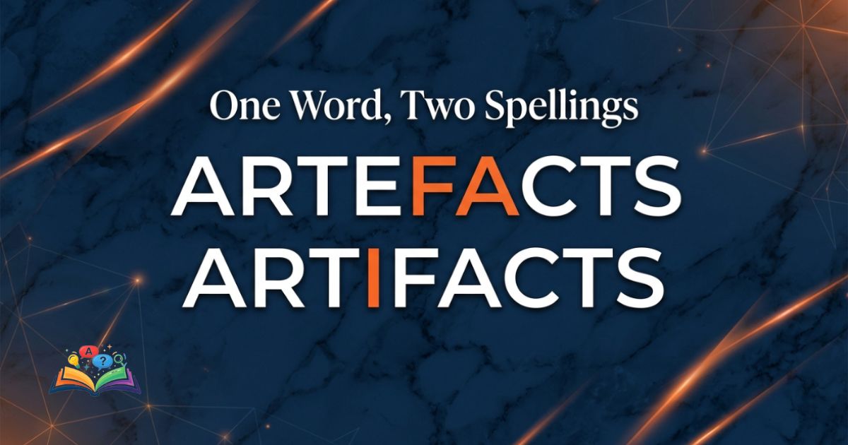 Premium featured image showing artefacts and artifacts spelling comparison with regional English usage.