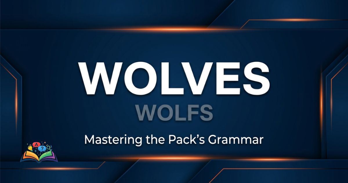 Premium text graphic contrasting the words Wolves and Wolfs on a textured deep navy background with glowing orange accents.