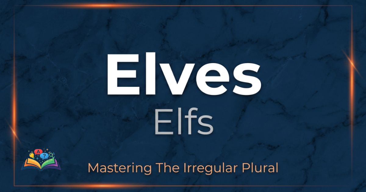 Premium text graphic displaying elfs or elves on a textured deep navy background with vibrant orange light accents highlighting the correct plural form.