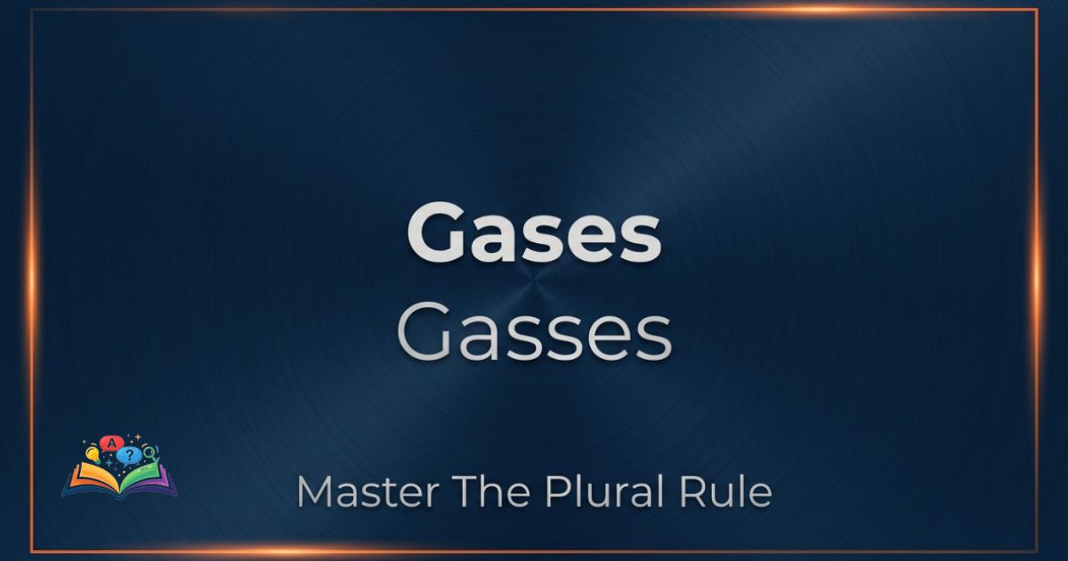 Premium typography graphic showcasing the spelling choice between gasses or gases on a dark architectural background.