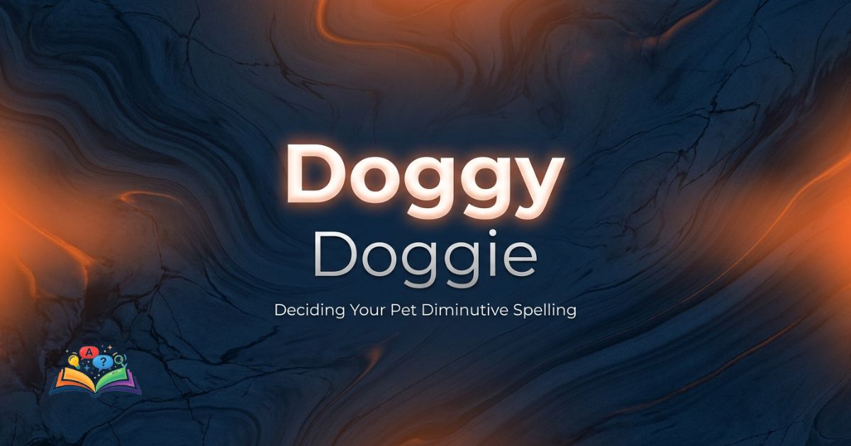 A premium digital graphic exploring the spelling confusion between doggy and doggie over a deep navy background.