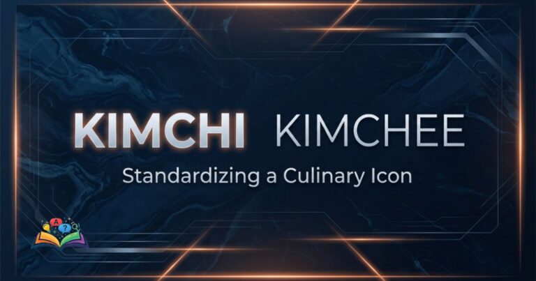 Premium visual guide displaying the words kimchi and kimchee side by side against a textured deep navy background.