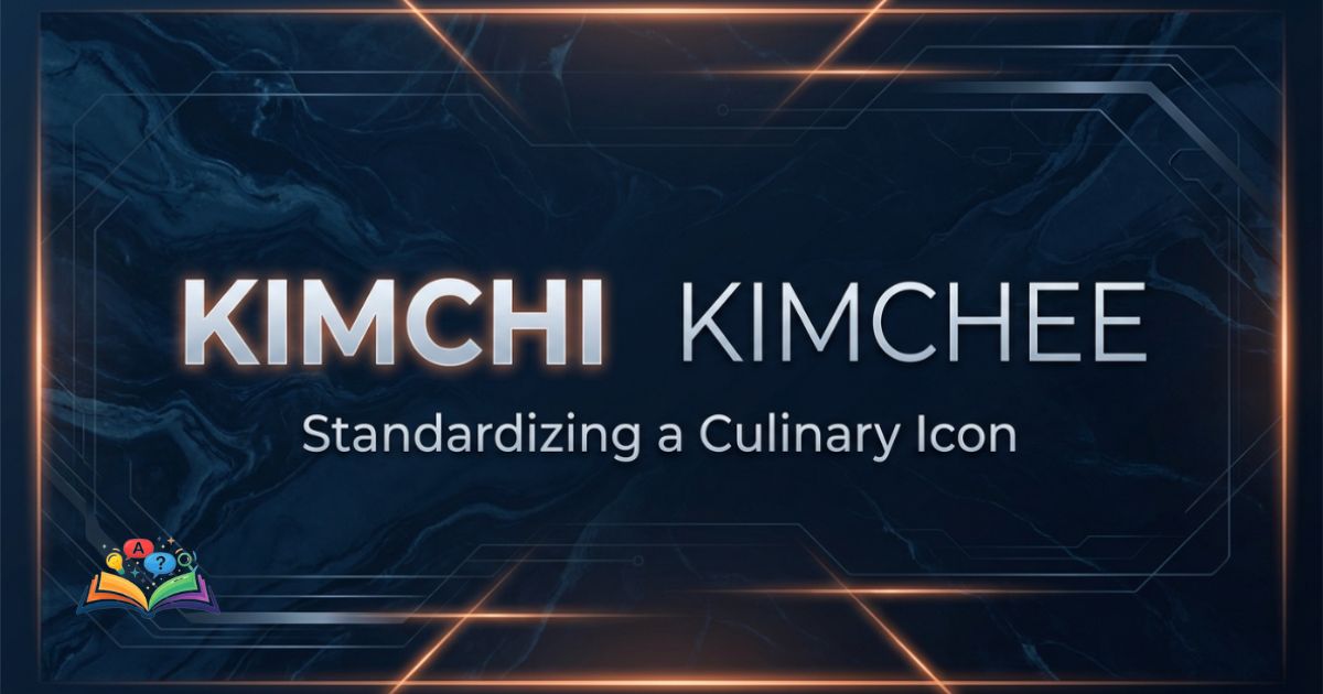 Premium visual guide displaying the words kimchi and kimchee side by side against a textured deep navy background.