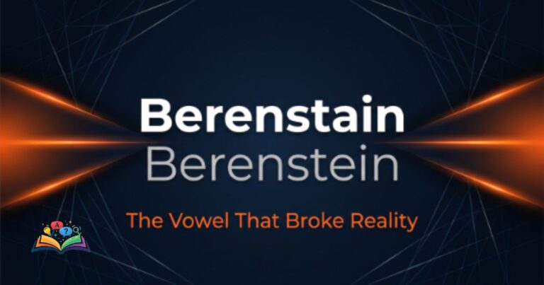 Premium typography graphic comparing Berenstein or Berenstain on a deep textured navy background with a custom hook line.