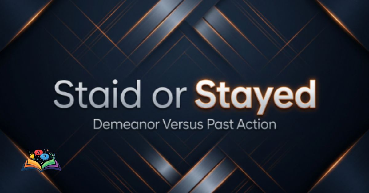 Graphic typography displaying the word confusion between staid and stayed on a premium dark blue textured background.