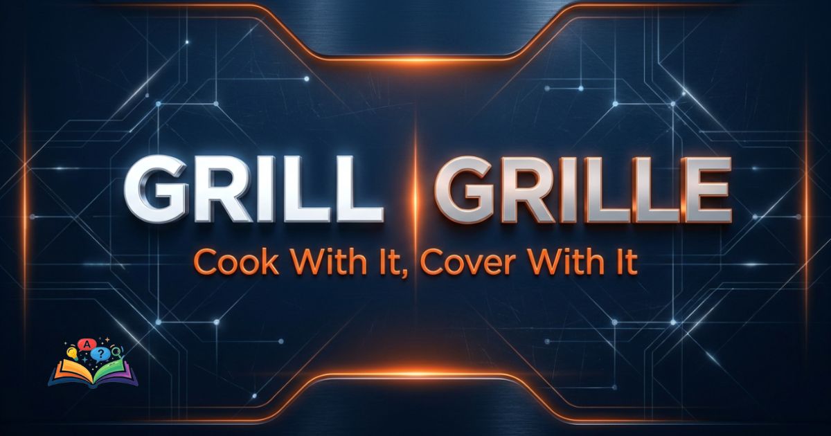 Premium visual comparison banner showing the words Grill and Grille over a deep navy background with glowing orange accents.