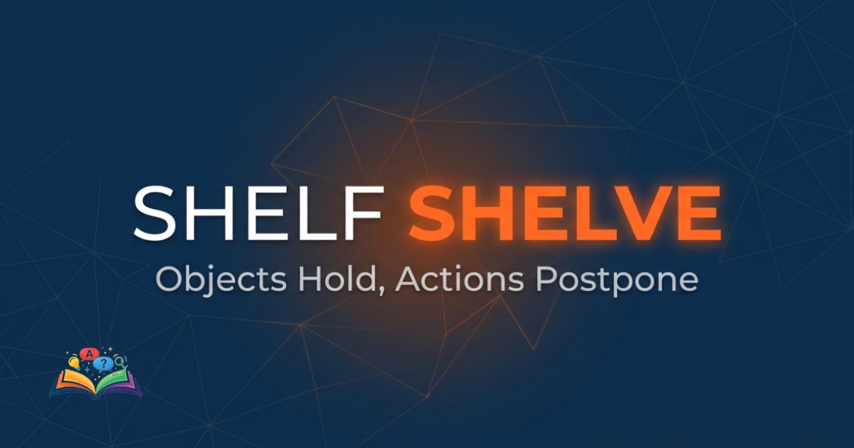 Premium infographic showing 'Shelf' and 'Shelve' with an orange accent against a deep navy background.